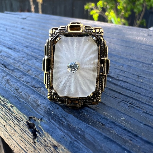 Antique-Style ART DECO Faux DIAMOND CUT CAMPHOR GLASS FILIGREE Cocktail  RING - Picture 1 of 11